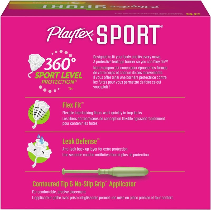playtex تامبون رياضي سوبر بلس بامتصاص عالي، خالي من العطور - 36 قطعة | تامبون سوبر بلس للنساء، العناية النسائية، تامبون مع دفاع ضد التسرب 360 درجة - Image 2